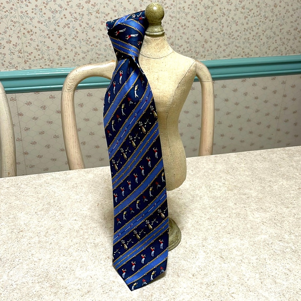 VINTAGE MARIO CALDI STRIPED GOLF THEMED 100% SILK TIE